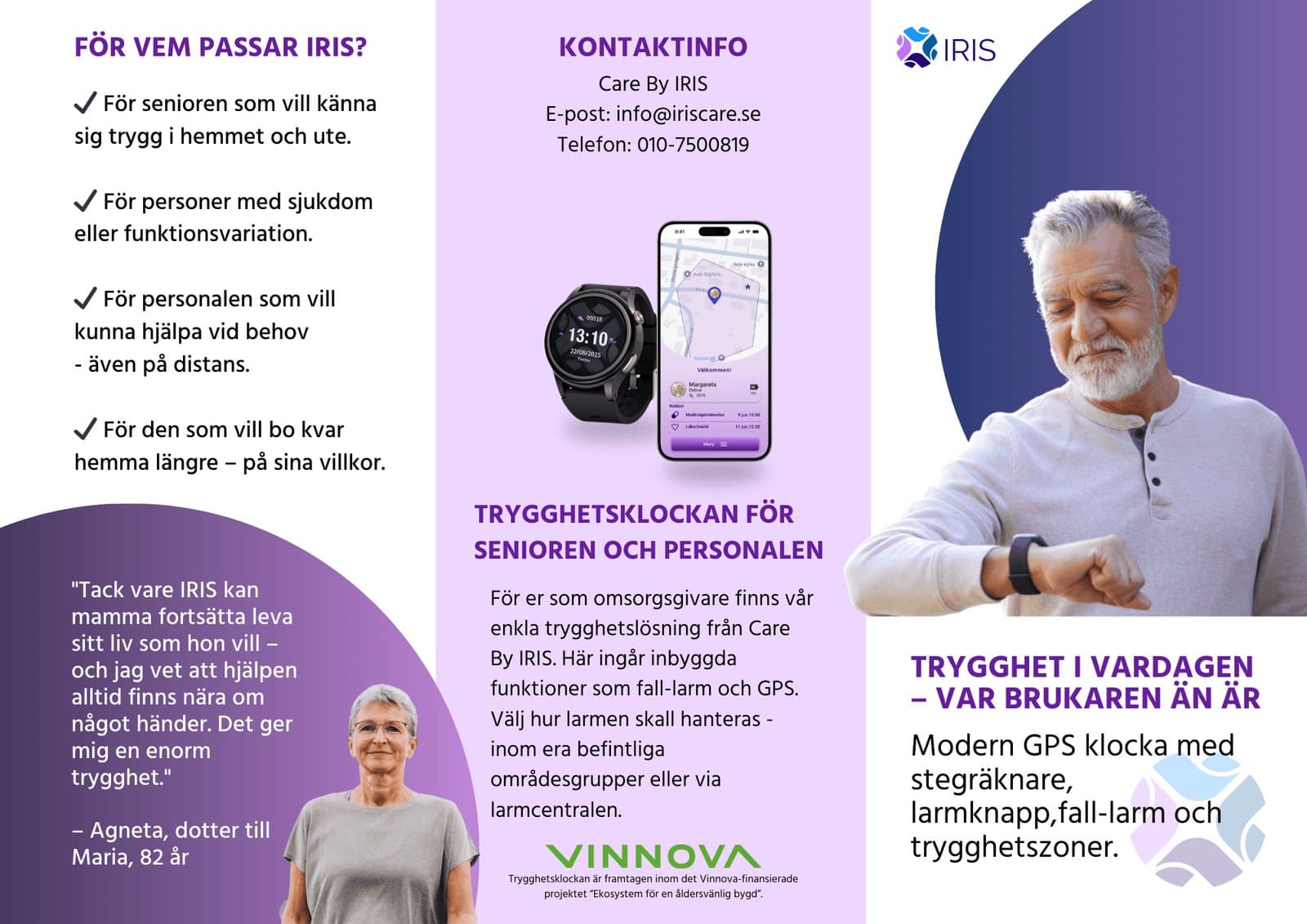 Marknadsföringsmaterial som förklarar vem IRIS passar för och hur trygghetsklockan fungerar