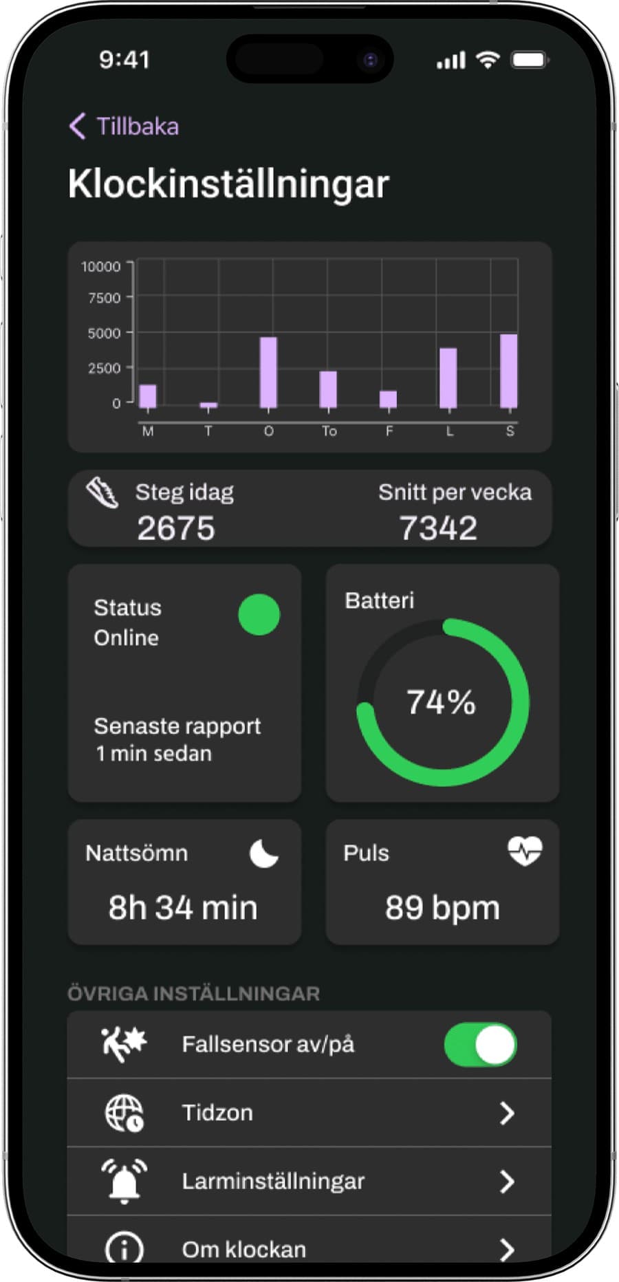 Klockinställningar i mörkt läge, med stegräkning, batteri, sömn och puls