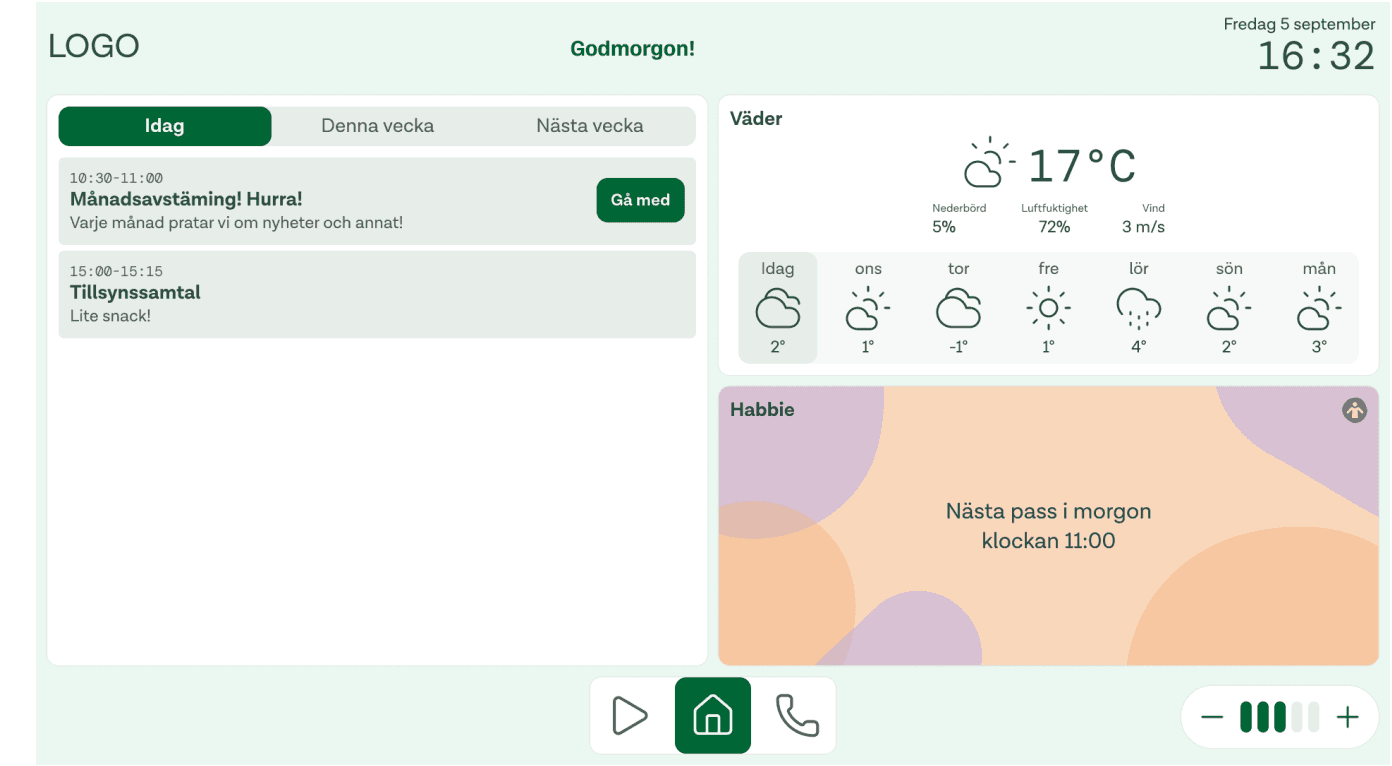 Nya Bubblan-hemskärmen med schema för idag/vecka, väder och nästa videosamtal